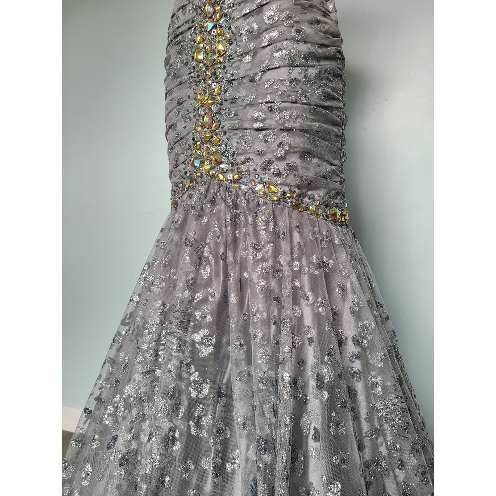 Jovani Sz 2 Mermaid Formal Prom Dress Silver Sparkly Cheetah Y2K McBling Studded - Picture 7 of 11